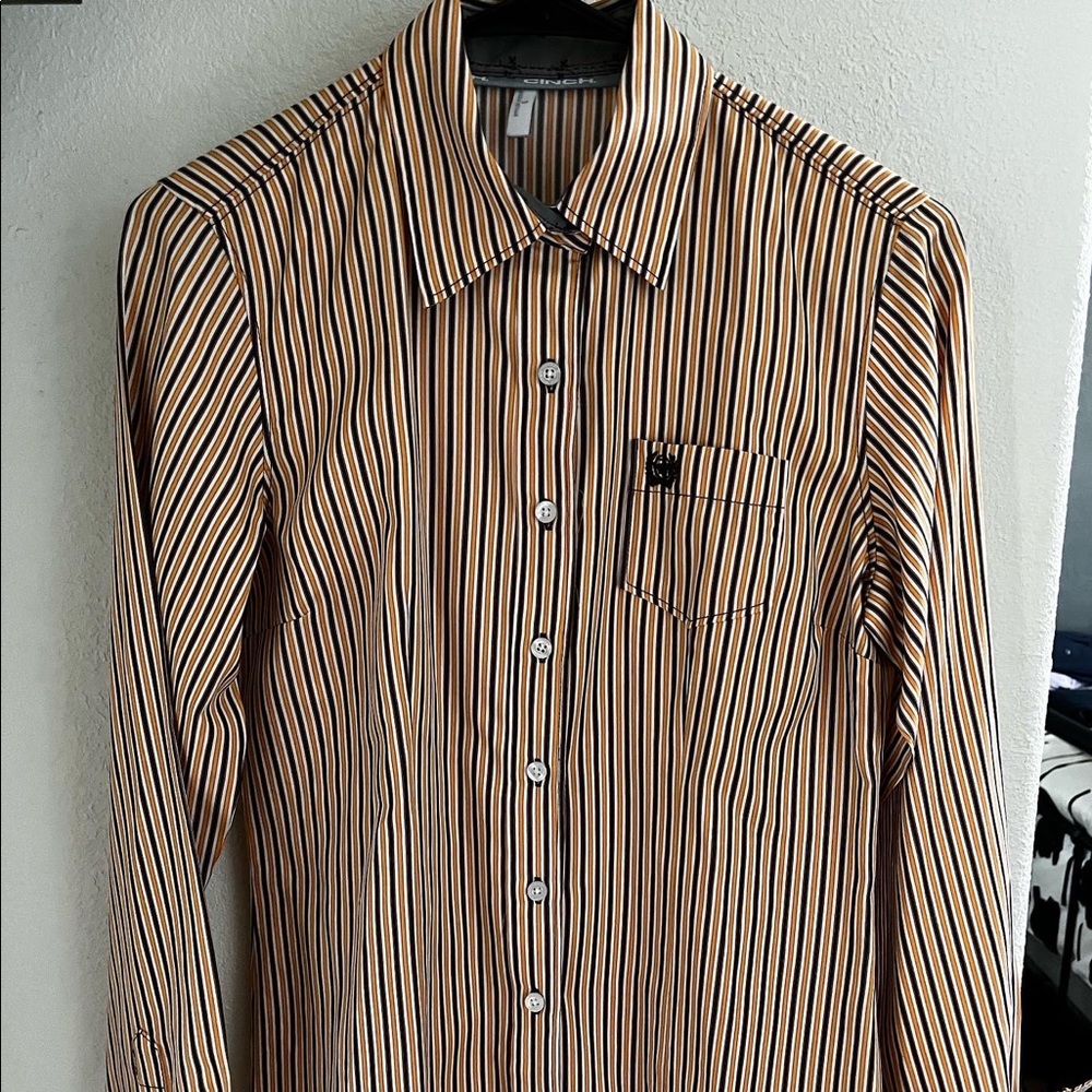 Size S Womens Cinch Orange/Black/Cream Striped Button Down Shirt